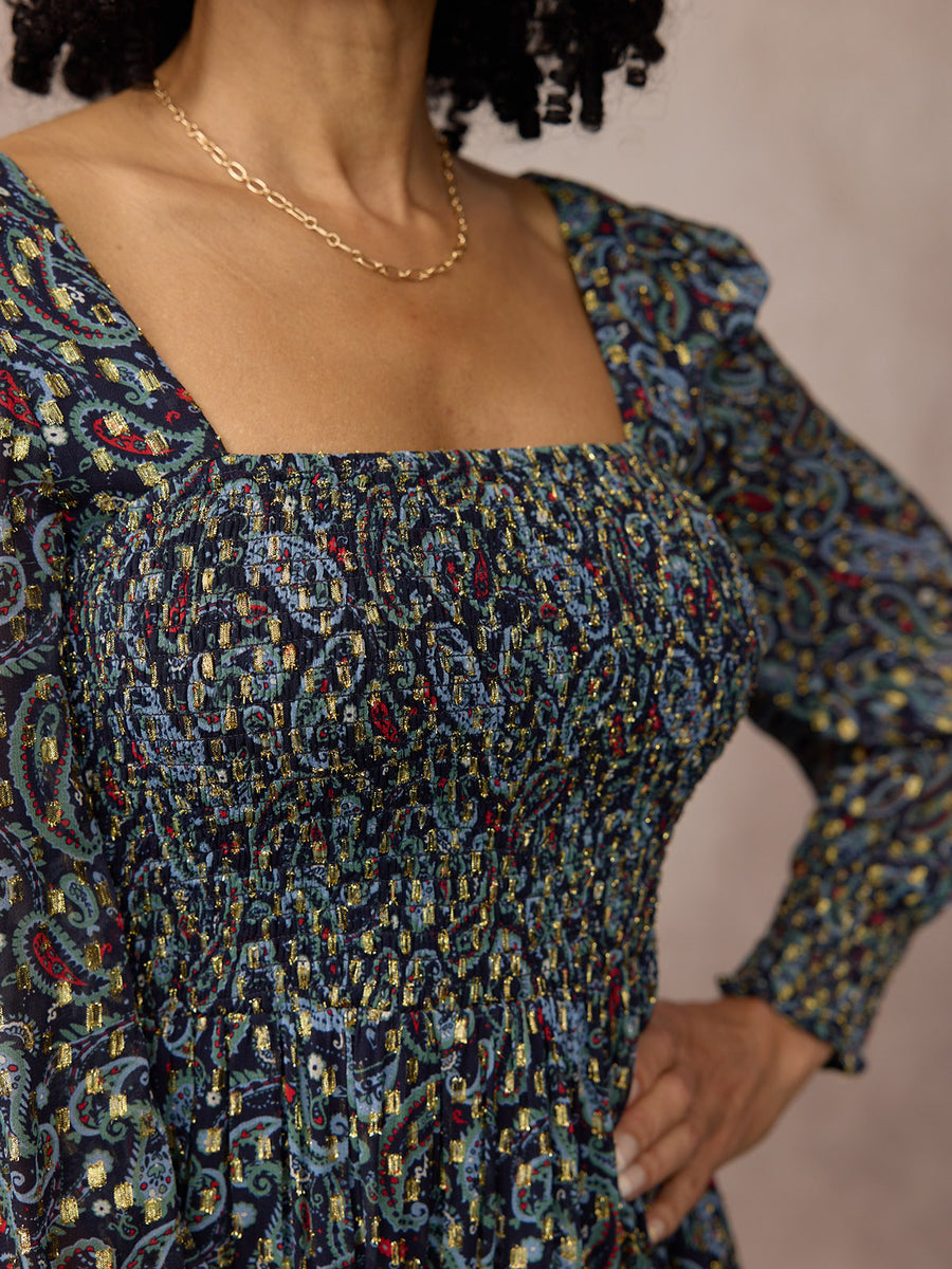 Sharmini Square Neck Paisley Print Lurex Dress - Multi & Gold
