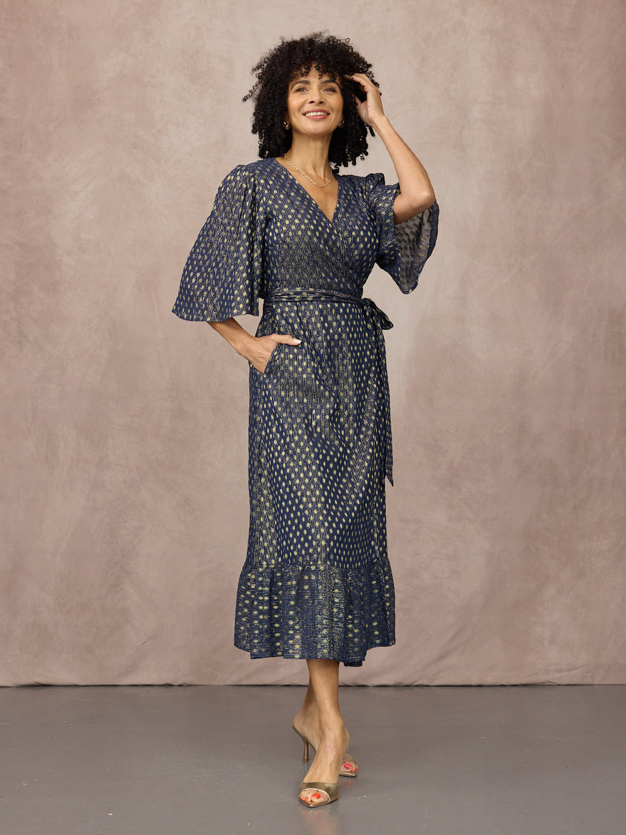 Tricia Wrap Lurex Dress - Navy, Silver & Gold