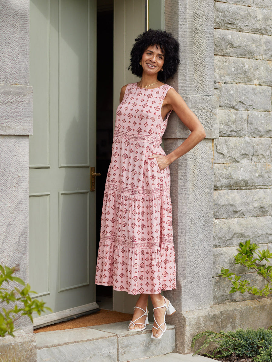 NAME Sleeveless Tiered Dress - Pink & Rust Print