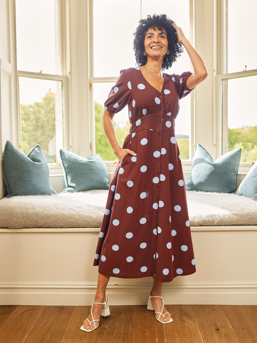 Rodica Puff Sleeve Dress - Brown & Blue Polka Dot