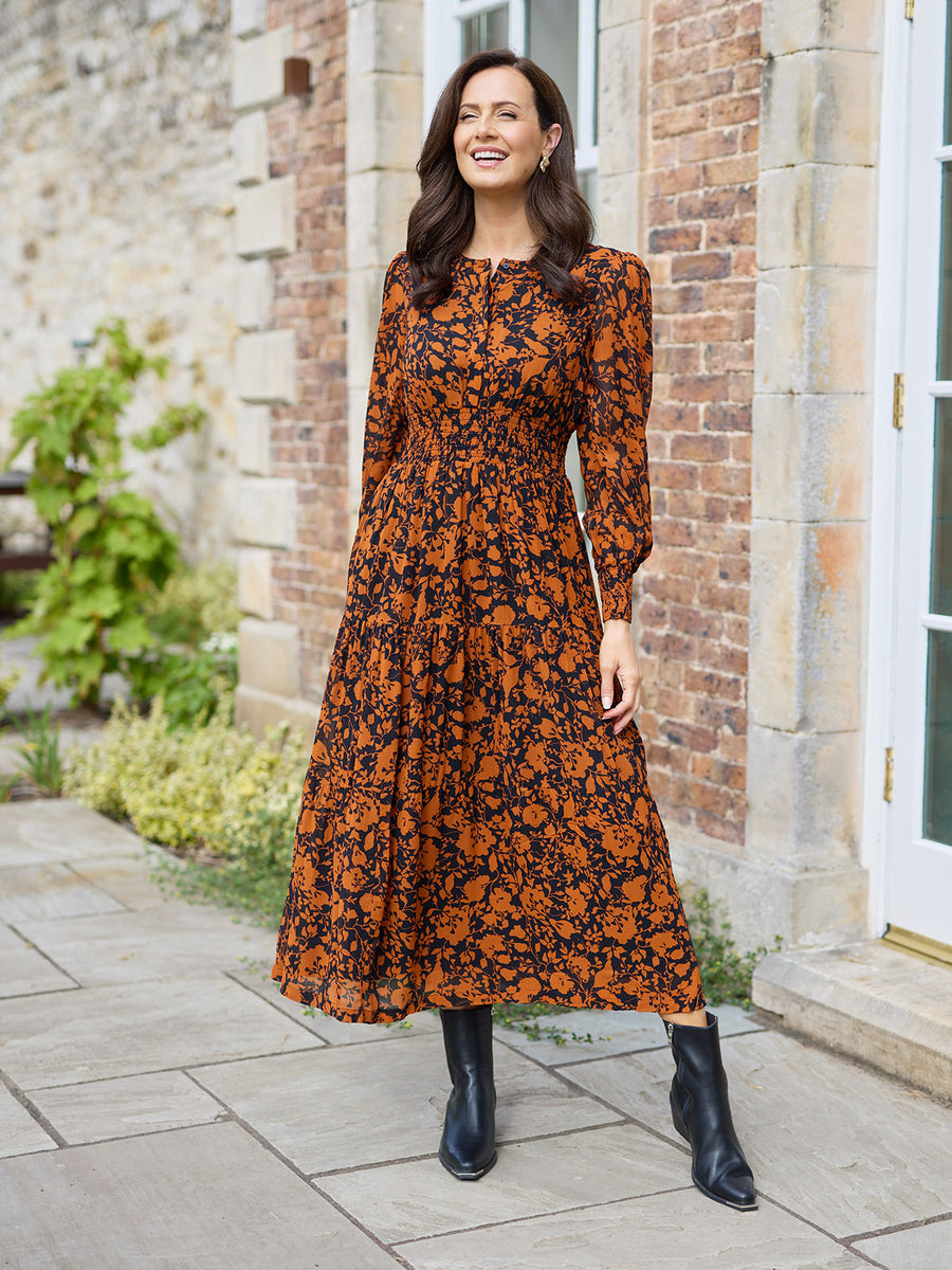 Eleanor Tiered Skirt Dress - Orange & Black Floral Print