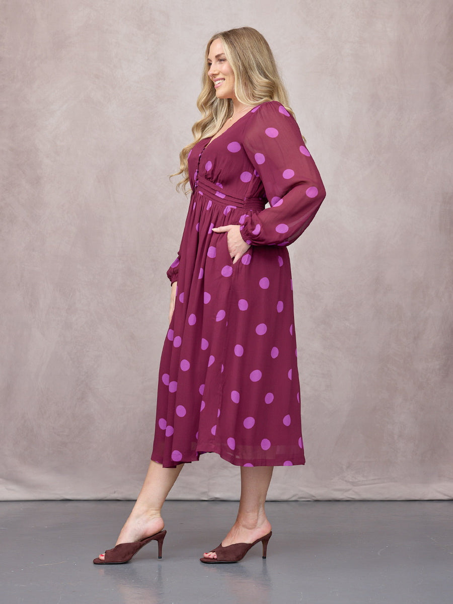 Connie Georgette Dress - Purple Spot Print
