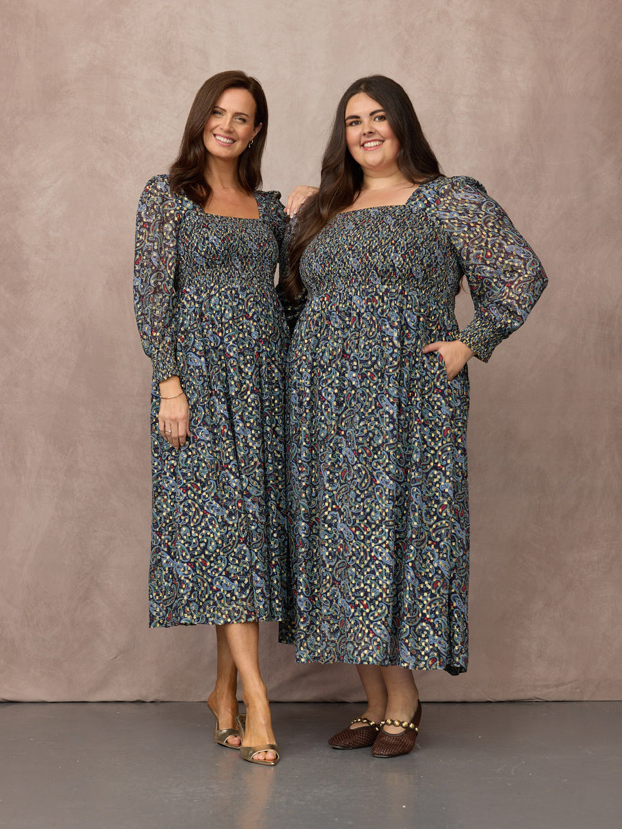 Sharmini Square Neck Paisley Print Lurex Dress - Multi & Gold