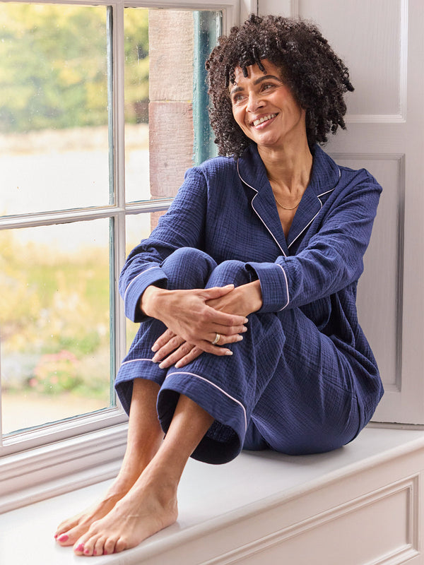 Annie Crinkle Scallop Pyjama Set - Navy