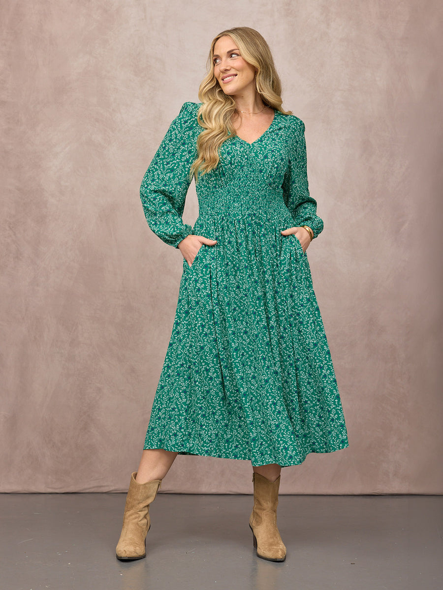 Maddie Long Sleeve V-Neck Dress - Green Botanical & Star Print