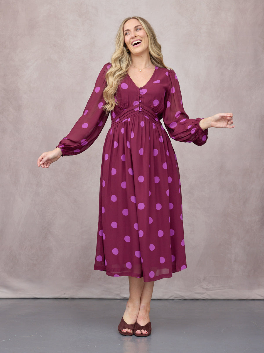 Connie Georgette Dress - Purple Spot Print