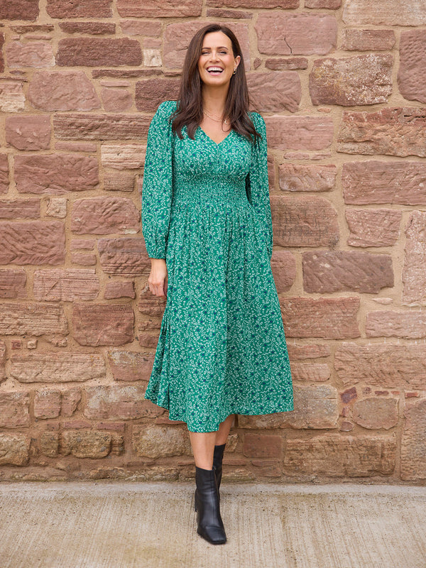 Maddie Long Sleeve V-Neck Dress - Green Botanical & Star Print