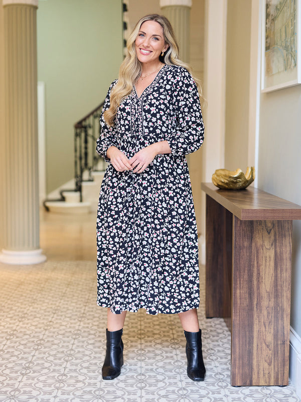 Naaila Tie Detail Dress - Black Scattered Floral Print