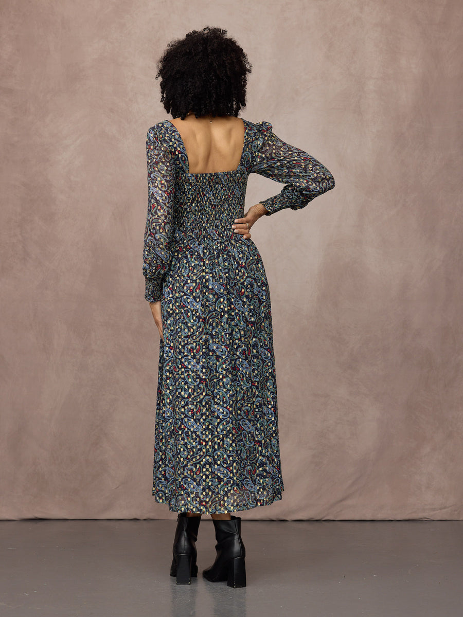 Sharmini Square Neck Paisley Print Lurex Dress - Multi & Gold