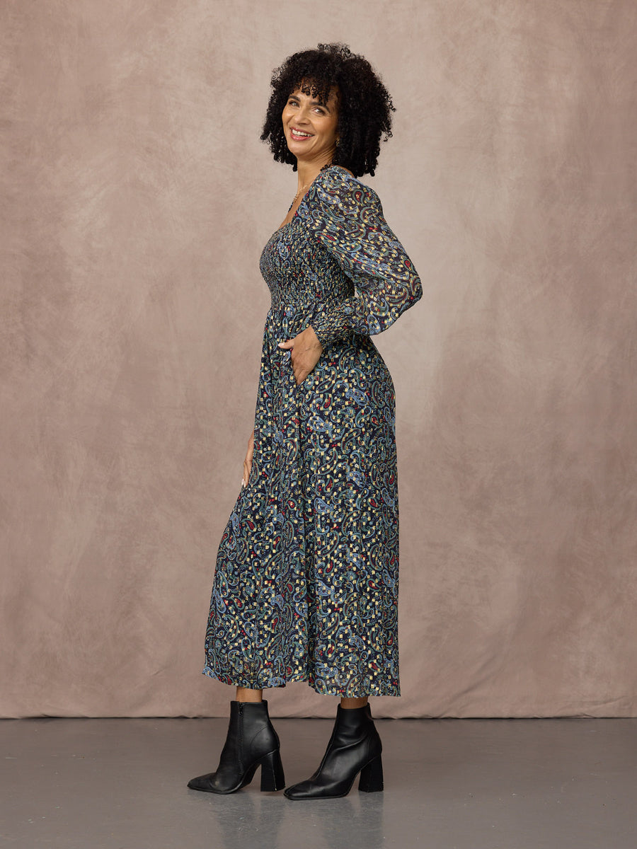 Sharmini Square Neck Paisley Print Lurex Dress - Multi & Gold