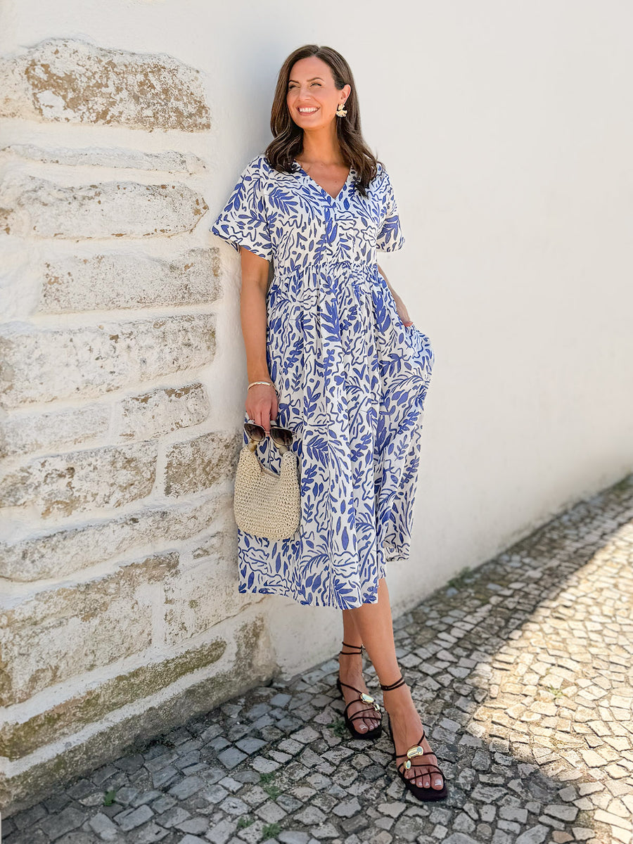 Fern Relaxed Dress - Blue & White Leaf Print This is Unfolded Fern Relaxed Dress - Blue & White Leaf Print This is Unfolded