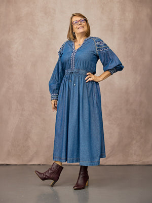 Dolly Embroidered Denim Dress - Blue