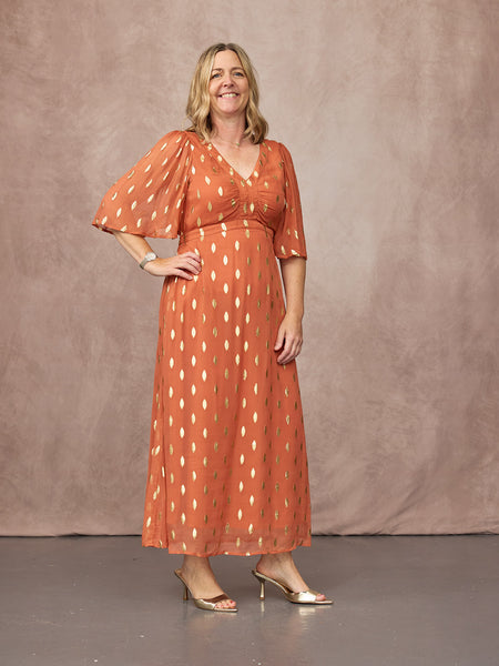 Helena Elbow Length Sleeve Lurex Dress - Cinnamon & Gold
