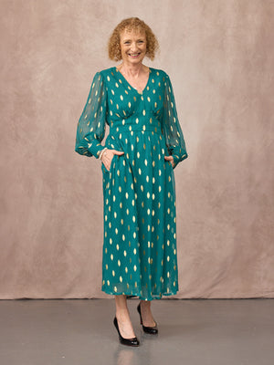 Loulou V-Neck Long Sleeve Lurex Dress - Teal & Gold