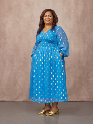 Maddie Long Sleeve Lurex Dress - Blue