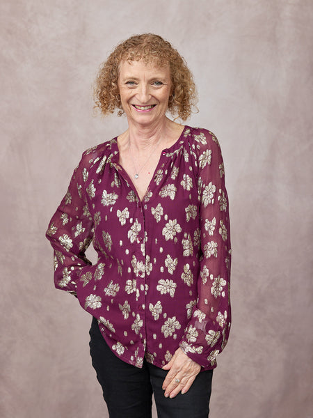 Niya Button Through Lurex Blouse - Plum & Gold