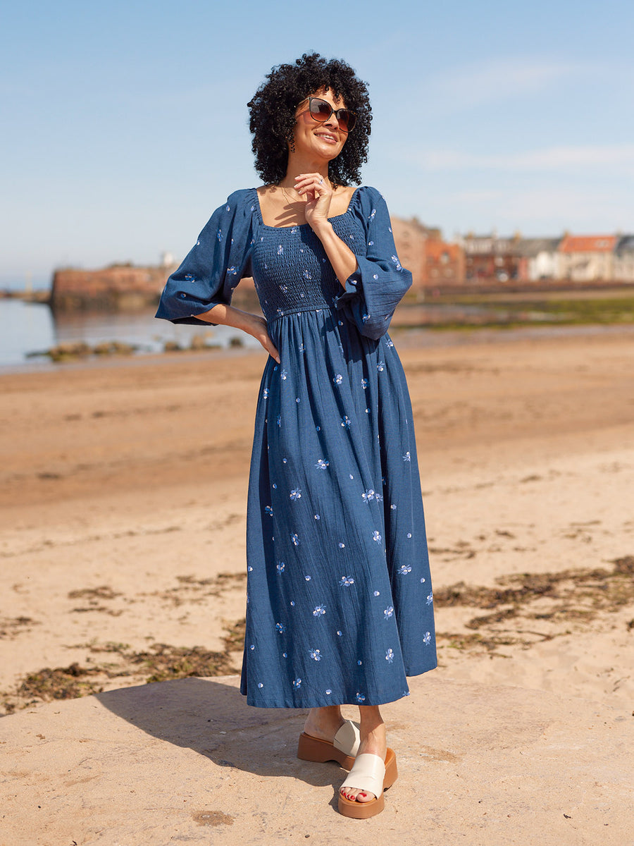 Sam Navy Print Shirred Dress