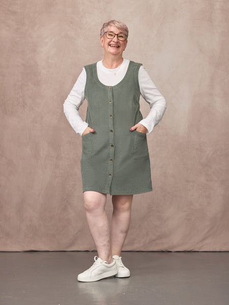 Sandie Round Neck Cord Pinafore Dress - Light Sage