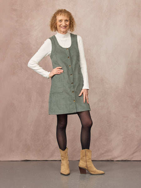 Sandie Round Neck Cord Pinafore Dress - Light Sage