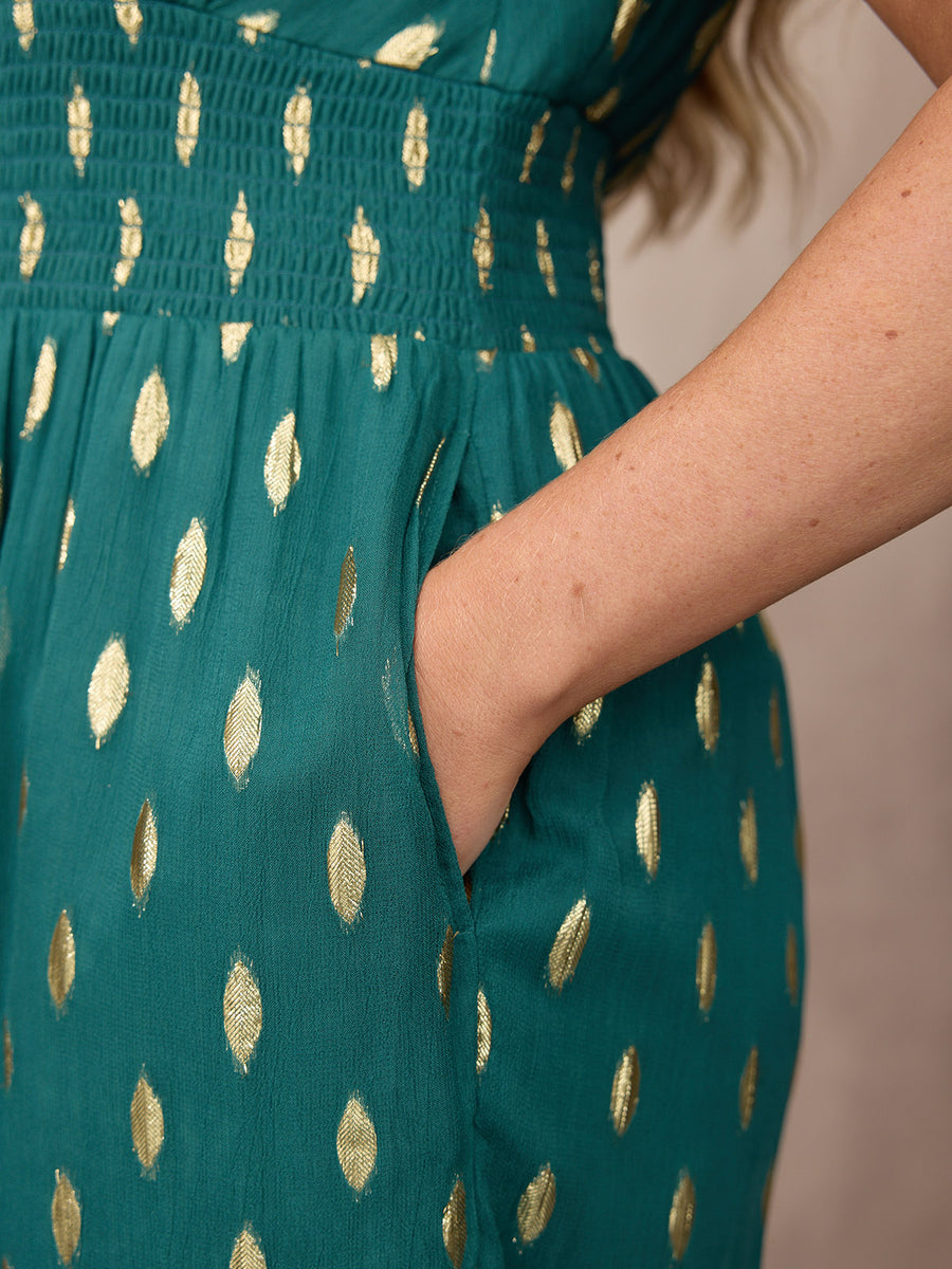 Shelly V-Neck Lurex Jumpsuit - Teal & Gold
