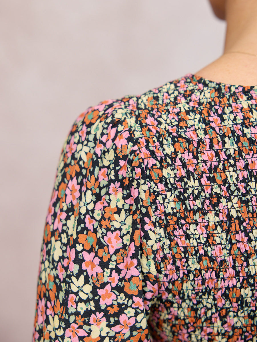 Gillian Shirred Bodice Dress - Multi-Coloured Floral Print