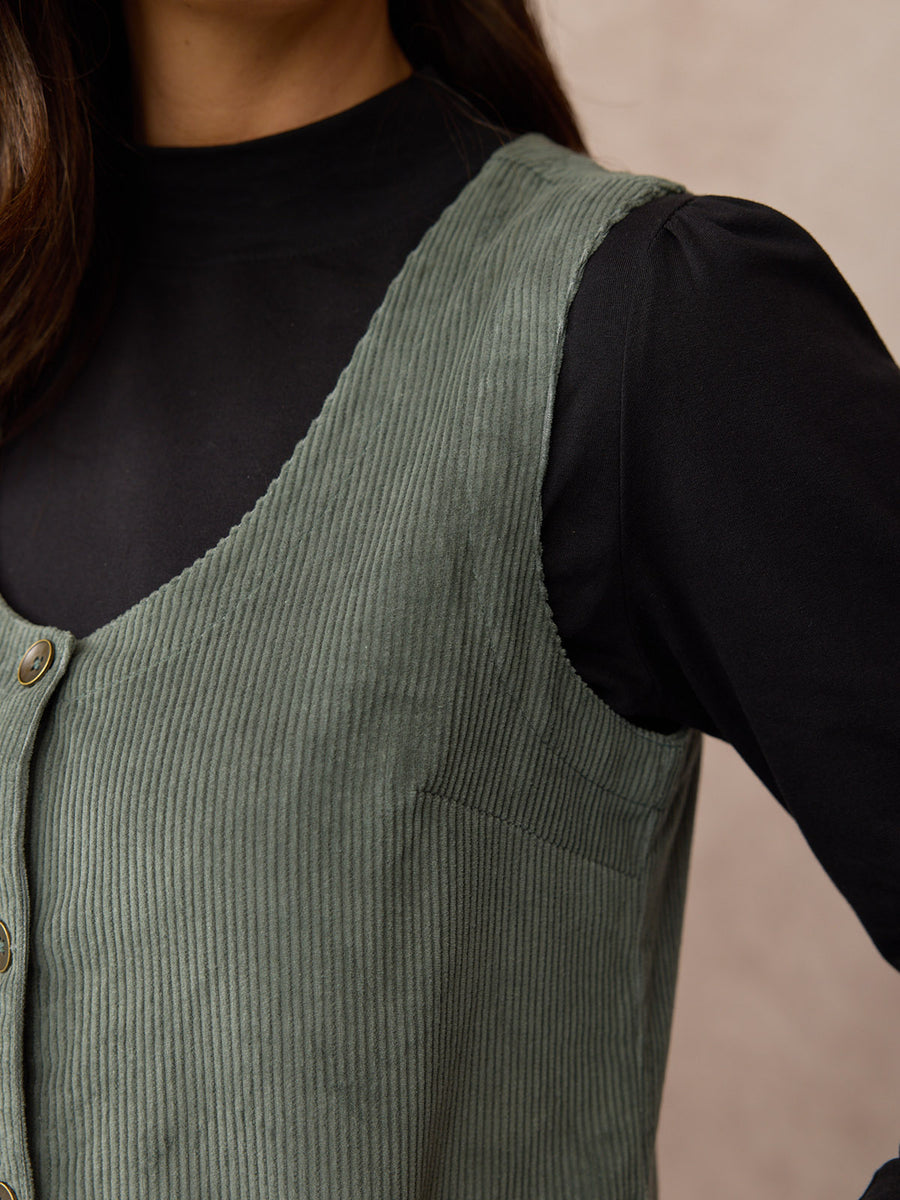 Sandie Round Neck Cord Pinafore Dress - Light Sage