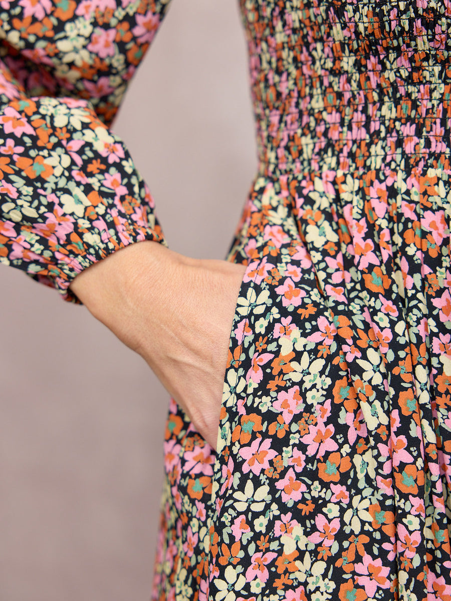 Gillian Shirred Bodice Dress - Multi-Coloured Floral Print