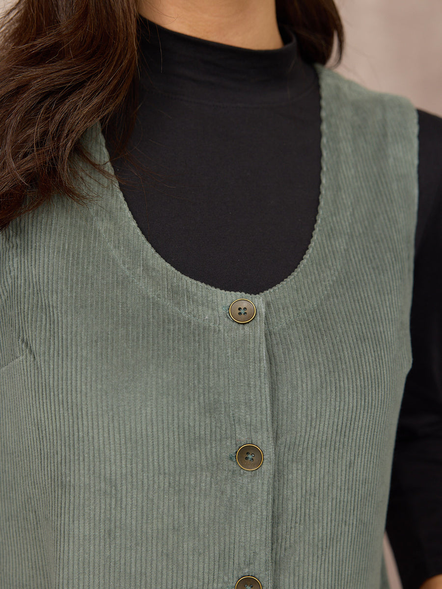 Sandie Round Neck Cord Pinafore Dress - Light Sage