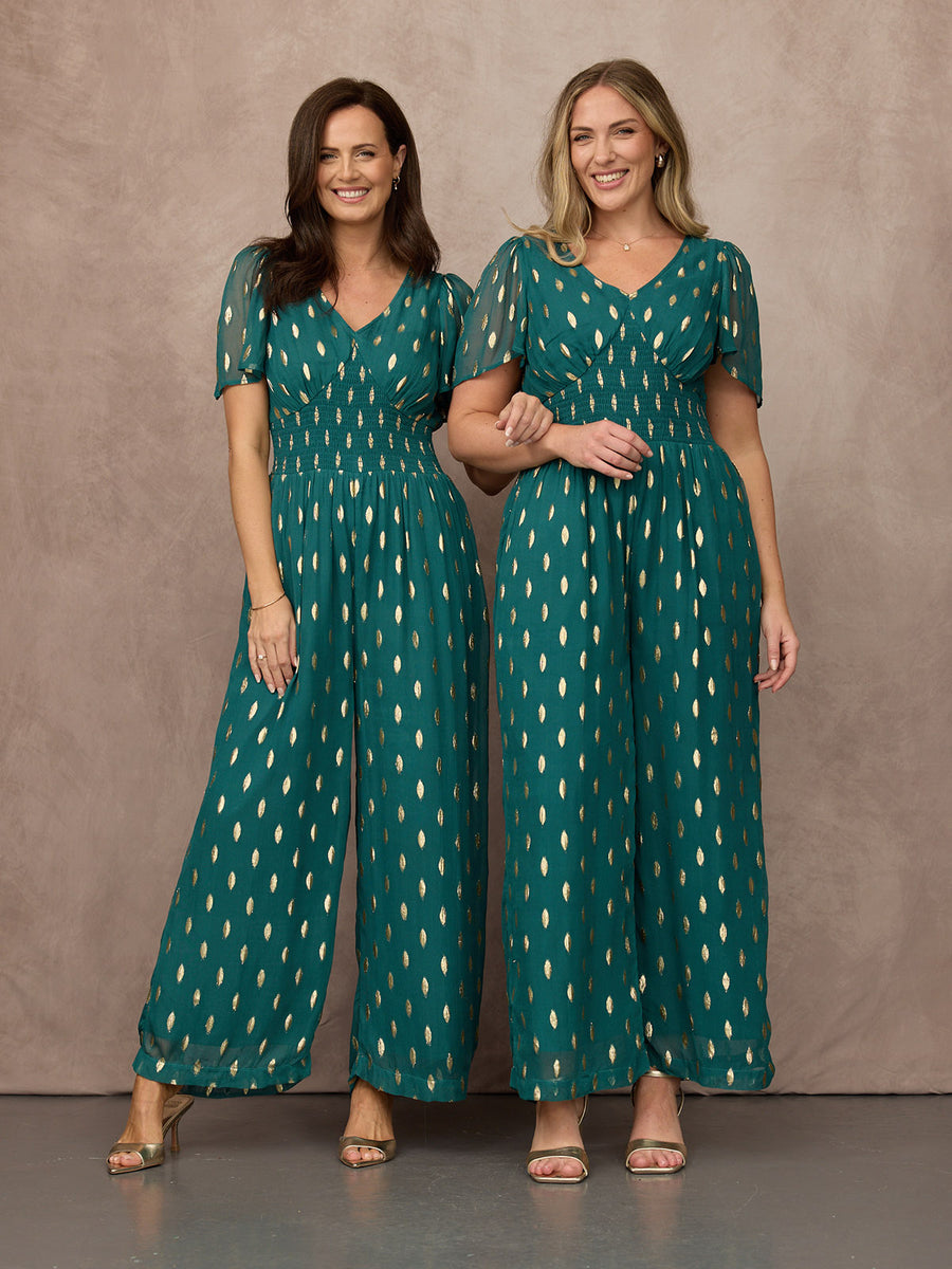 Shelly V-Neck Lurex Jumpsuit - Teal & Gold