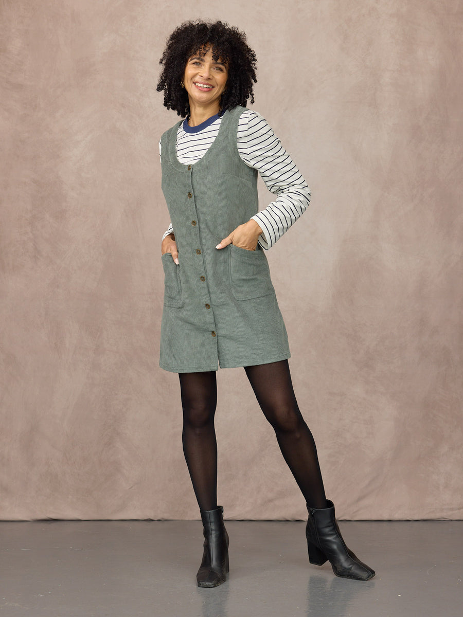 Sandie Round Neck Cord Pinafore Dress - Light Sage