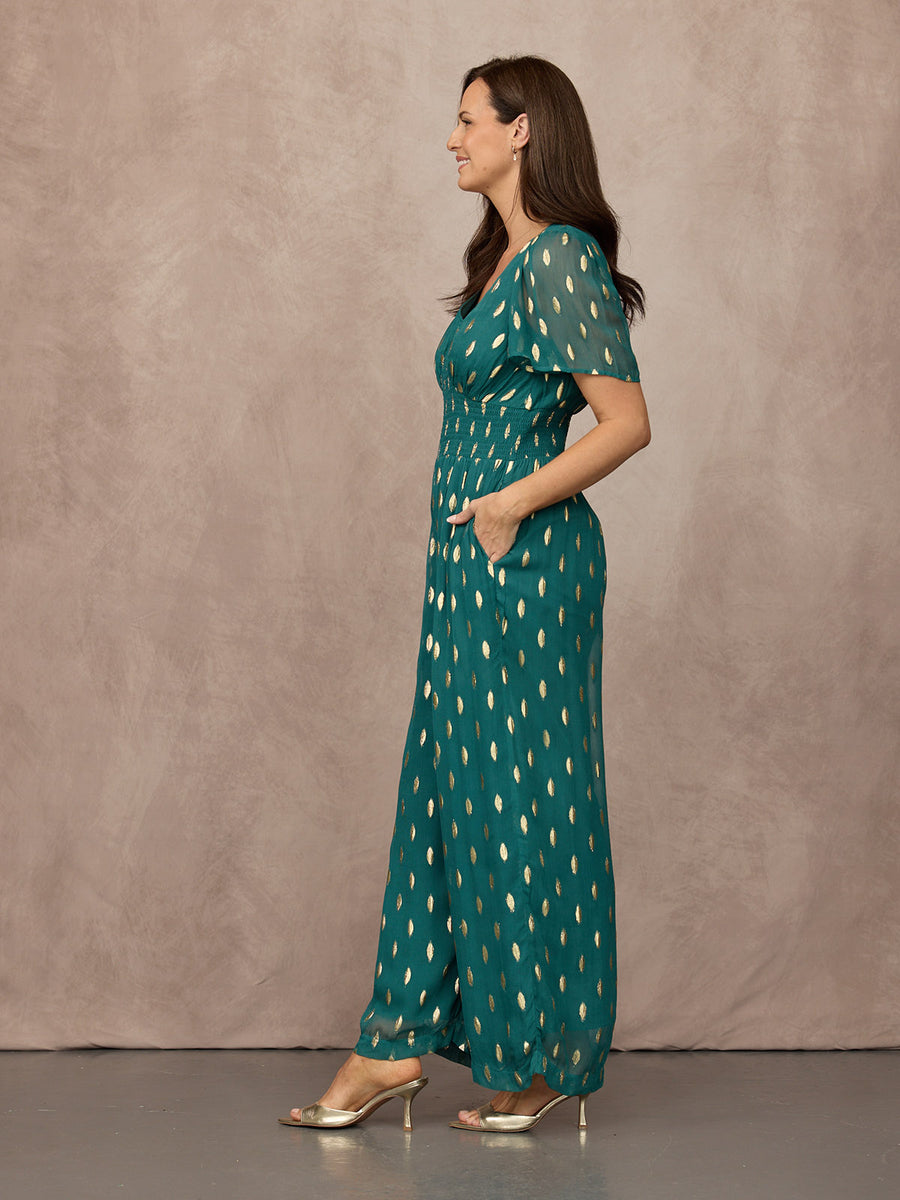Shelly V-Neck Lurex Jumpsuit - Teal & Gold