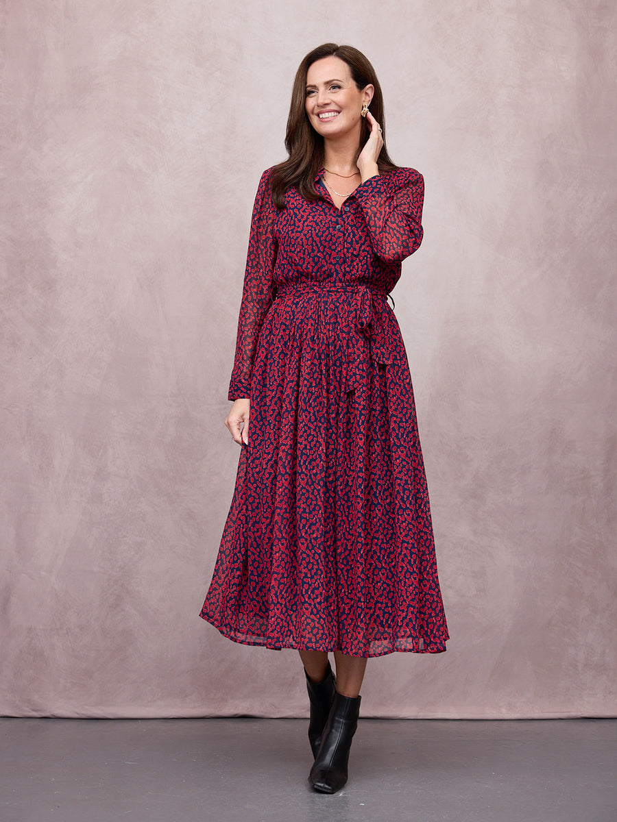 Julia Shirt Dress - Red & Navy Painted Spot Print