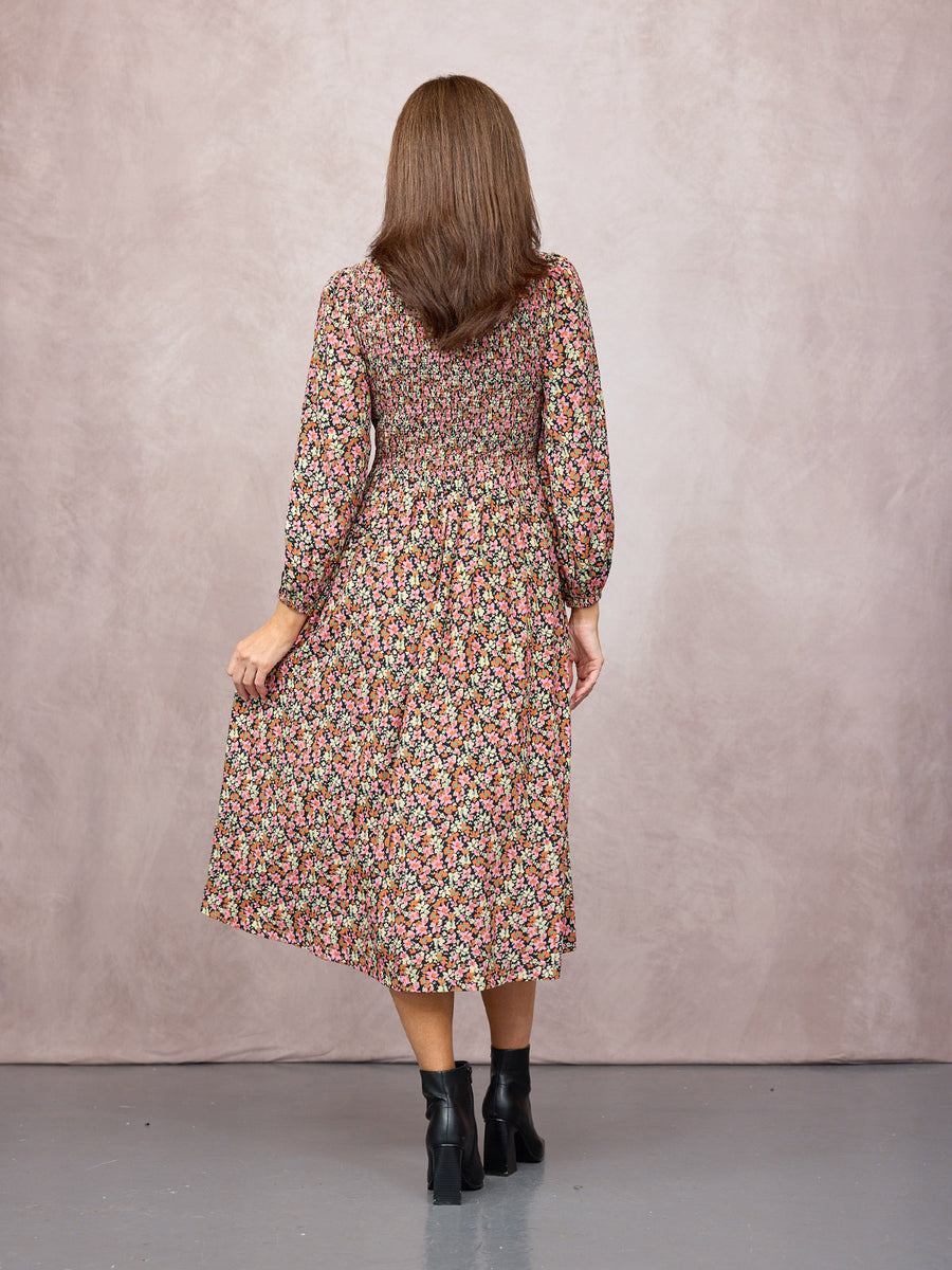 Gillian Shirred Bodice Dress - Multi-Coloured Floral Print
