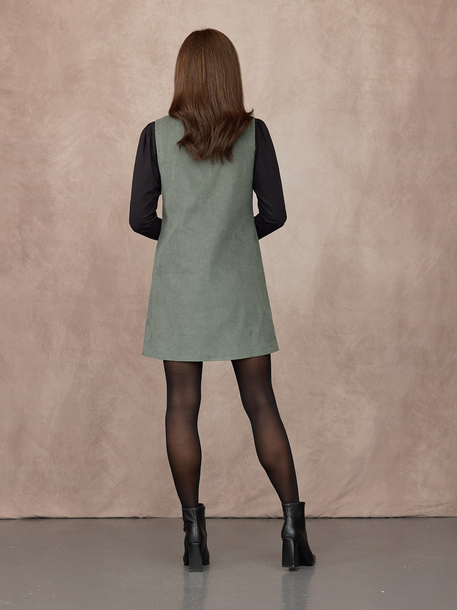 Sandie Round Neck Cord Pinafore Dress - Light Sage