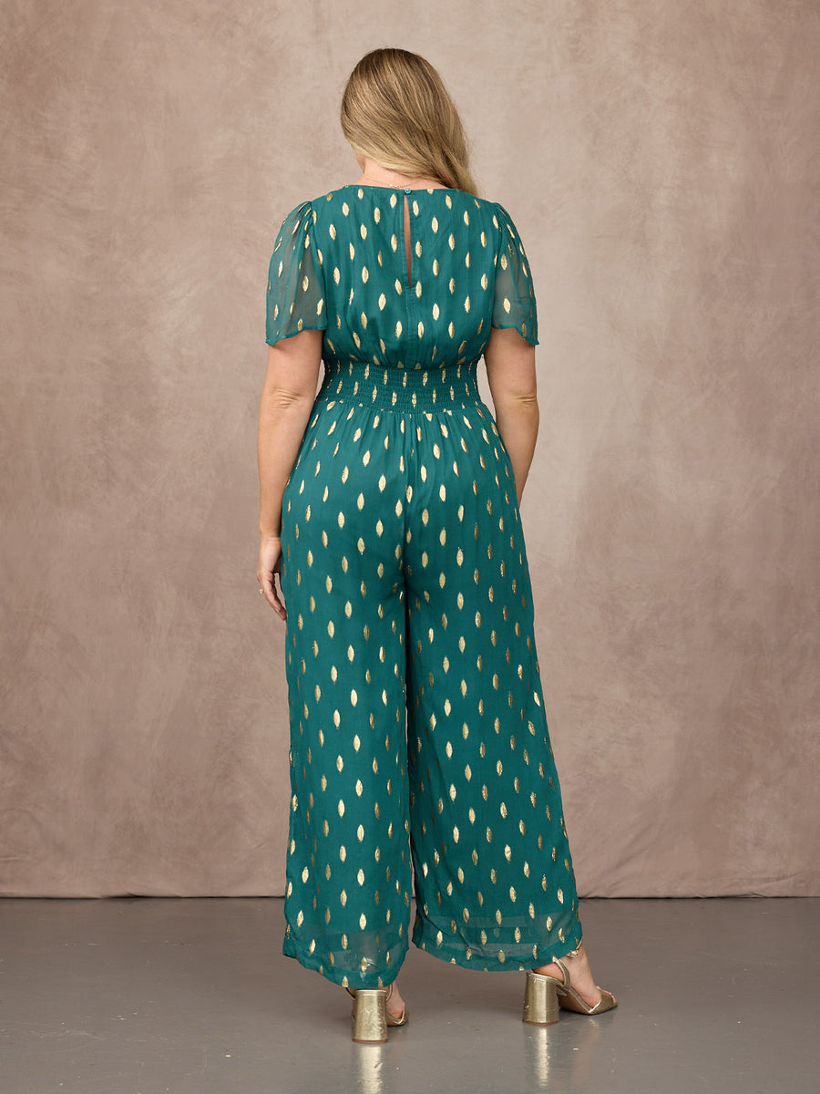 Shelly V-Neck Lurex Jumpsuit - Teal & Gold