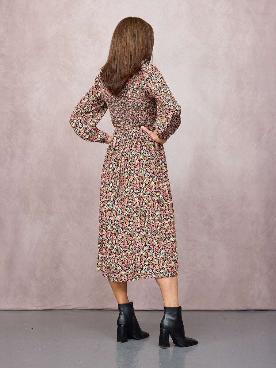 Gillian Shirred Bodice Dress - Multi-Coloured Floral Print