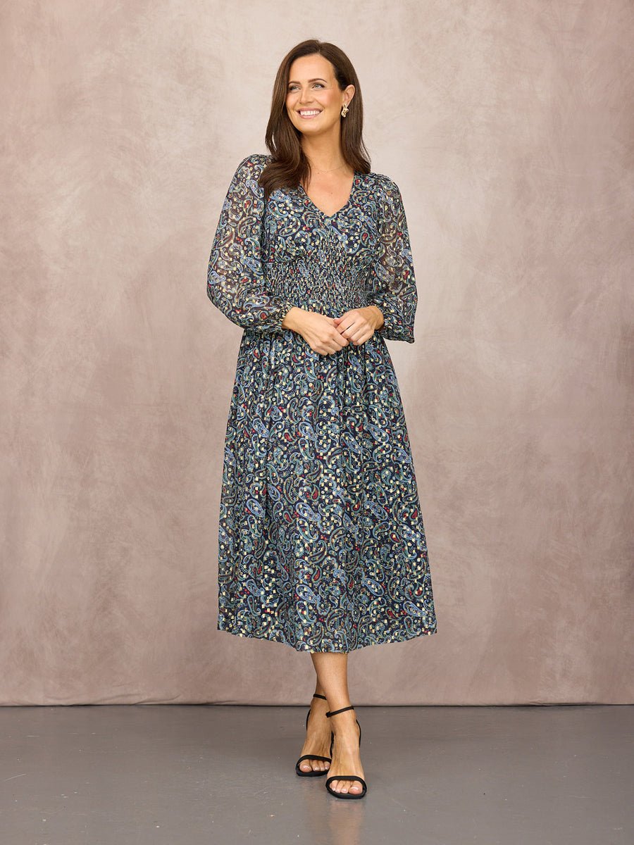 Maddie Long Sleeve V-Neck Dress - Paisley Print with Lurex