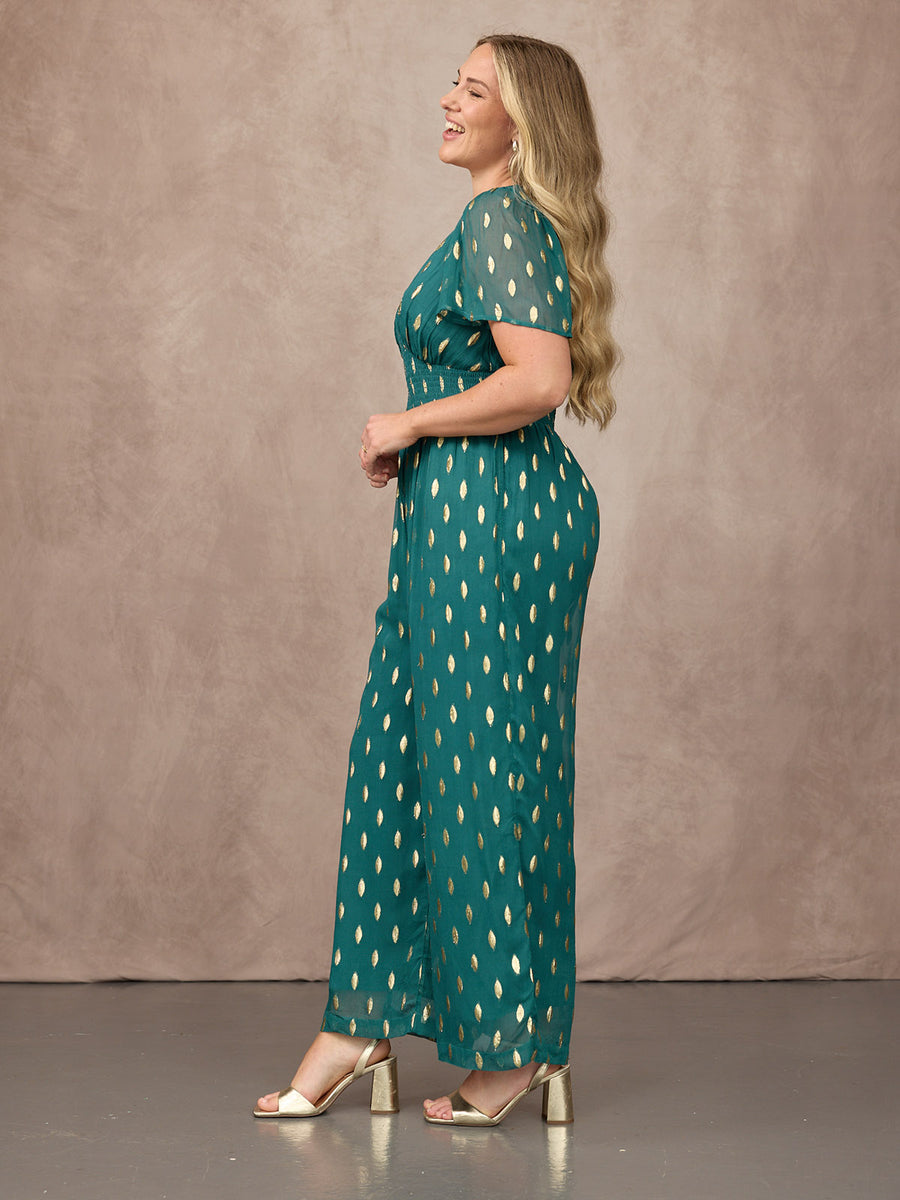 Shelly V-Neck Lurex Jumpsuit - Teal & Gold