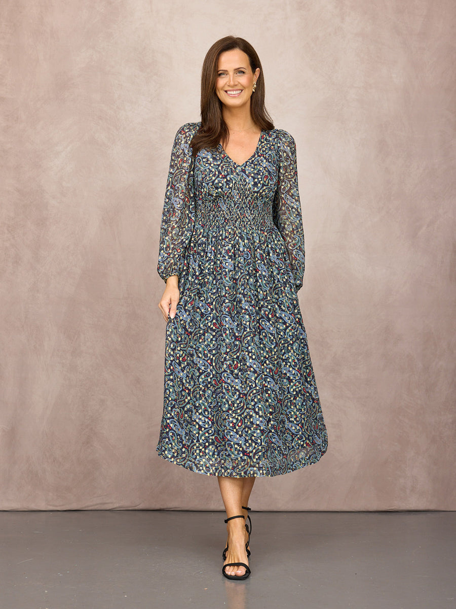 Maddie Long Sleeve V-Neck Dress - Paisley Print with Lurex