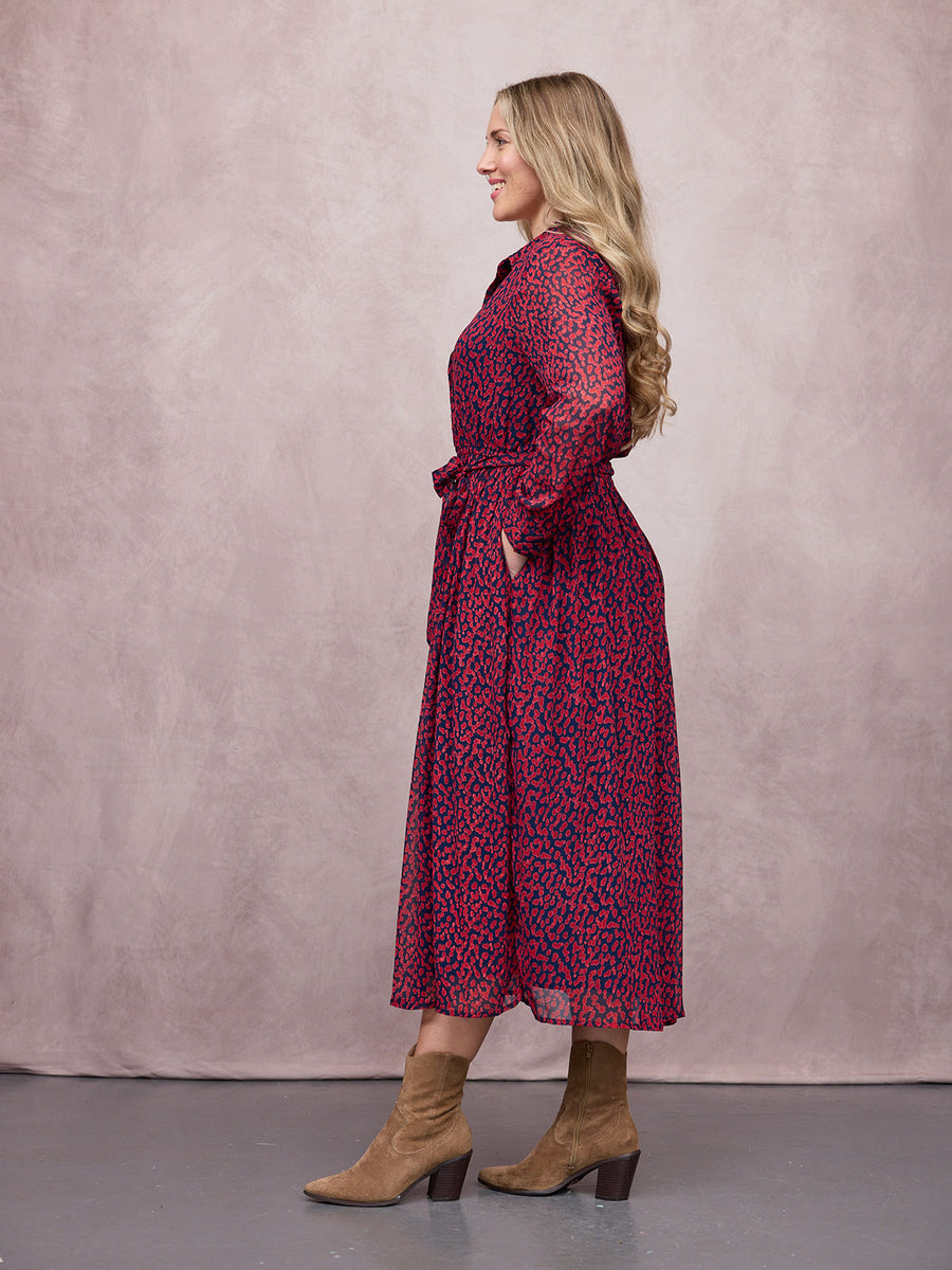 Julia Shirt Dress - Red & Navy Painted Spot Print