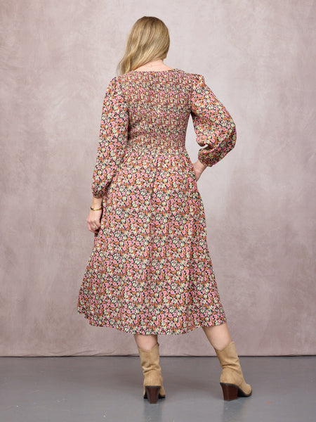 Gillian Shirred Bodice Dress - Multi-Coloured Floral Print