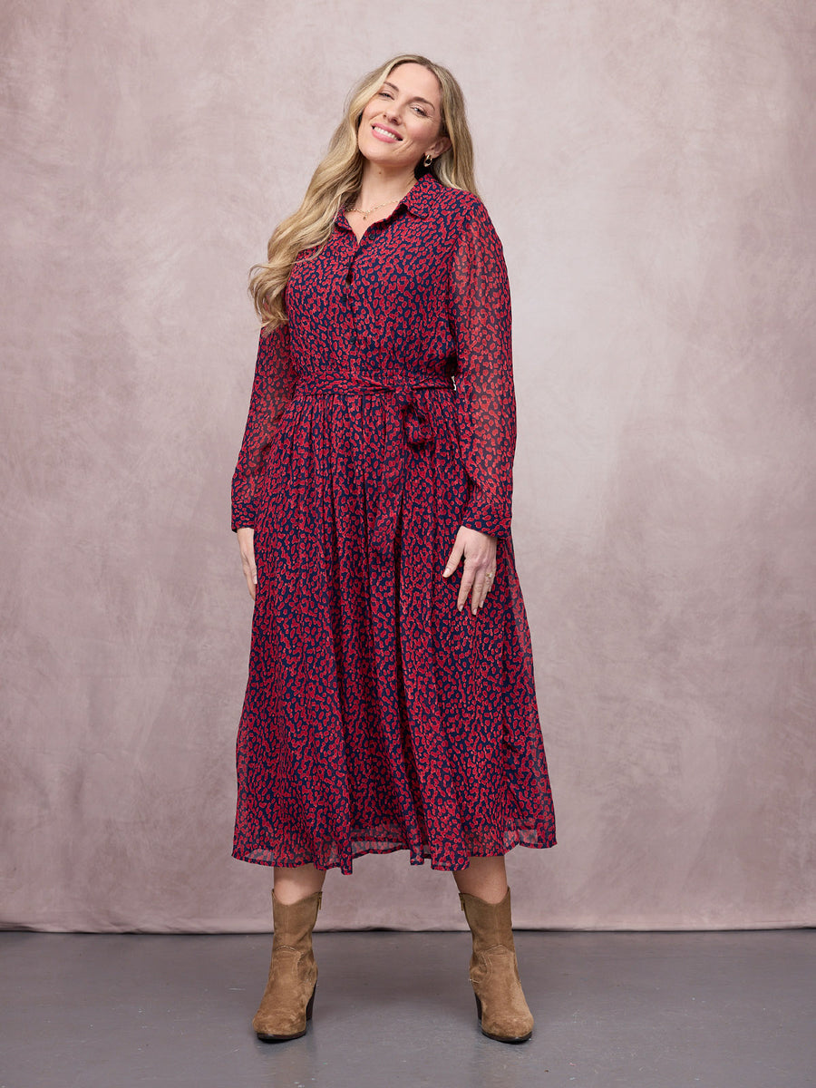 Julia Shirt Dress - Red & Navy Painted Spot Print