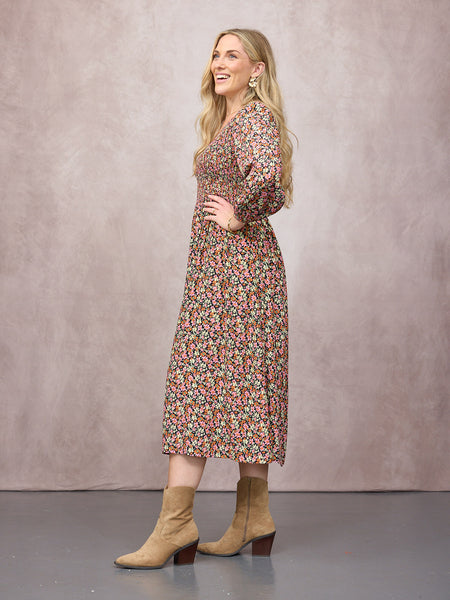 Gillian Shirred Bodice Dress - Multi-Coloured Floral Print