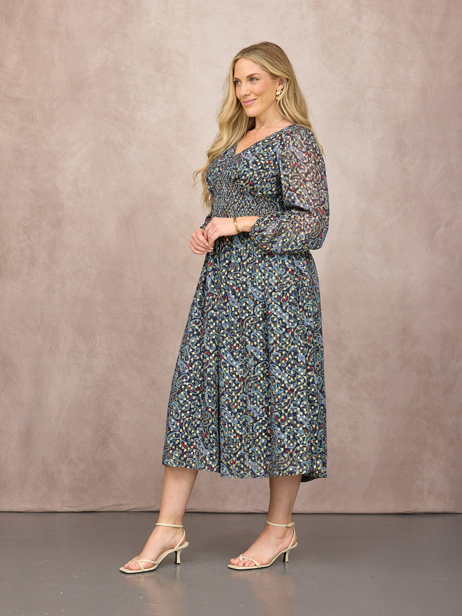 Maddie Long Sleeve V-Neck Dress - Paisley Print with Lurex