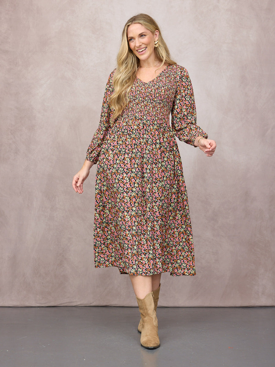 Gillian Shirred Bodice Dress - Multi-Coloured Floral Print