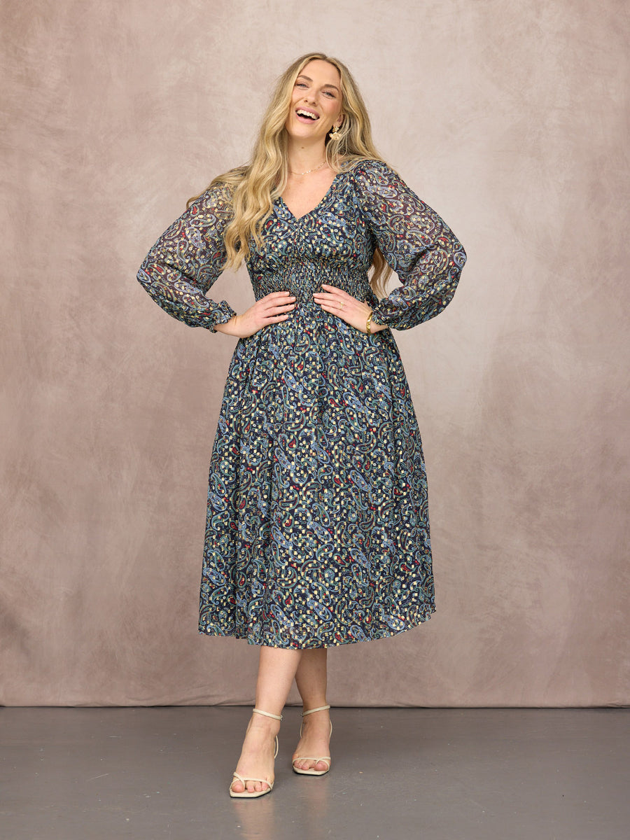 Maddie Long Sleeve V-Neck Dress - Paisley Print with Lurex