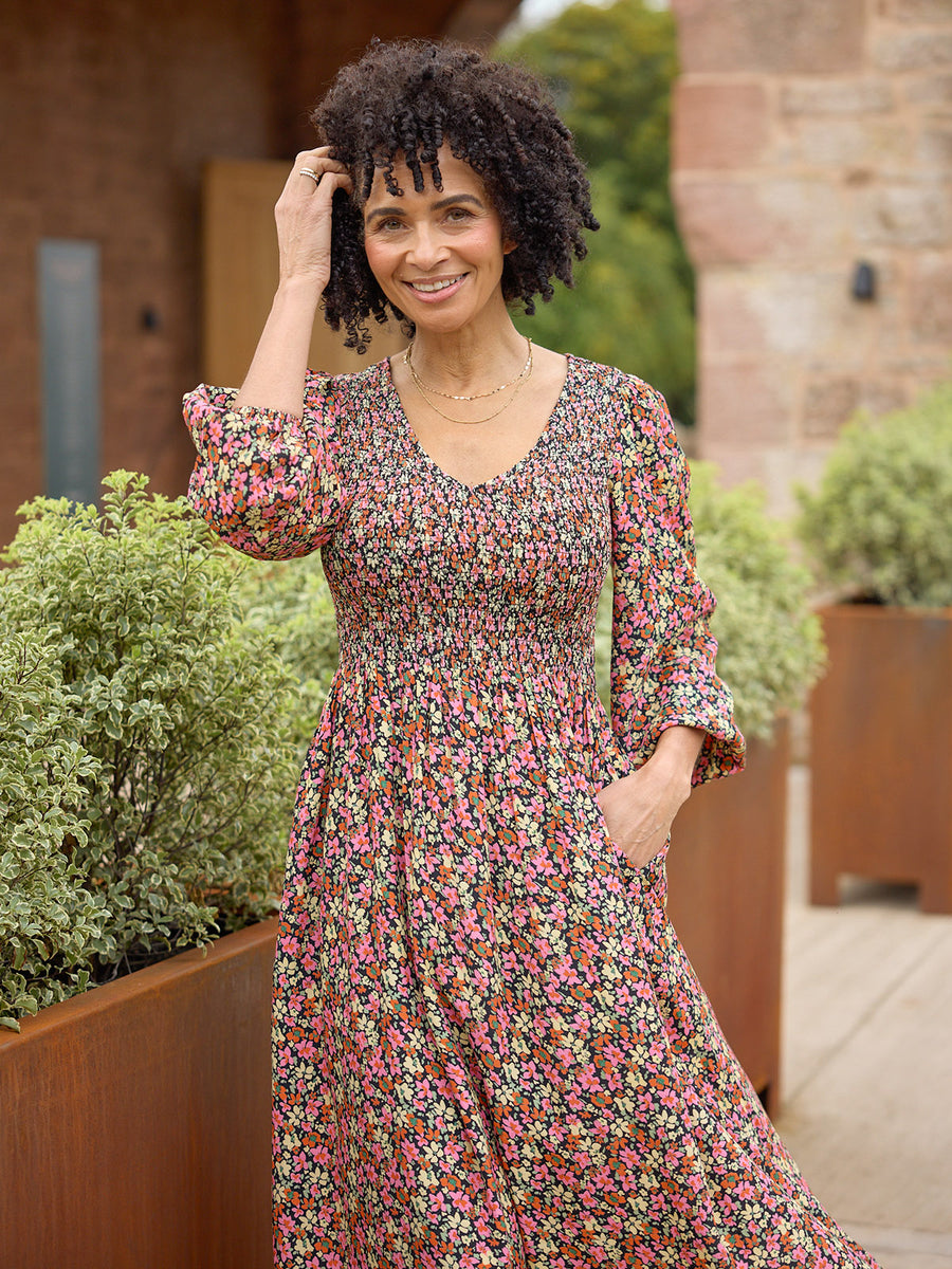 Gillian Shirred Bodice Dress - Multi-Coloured Floral Print