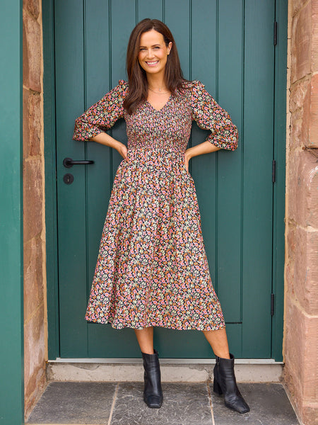 Gillian Shirred Bodice Dress - Multi-Coloured Floral Print