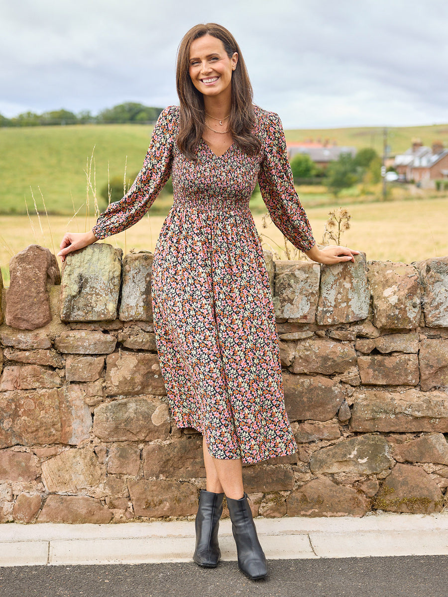 Gillian Shirred Bodice Dress - Multi-Coloured Floral Print
