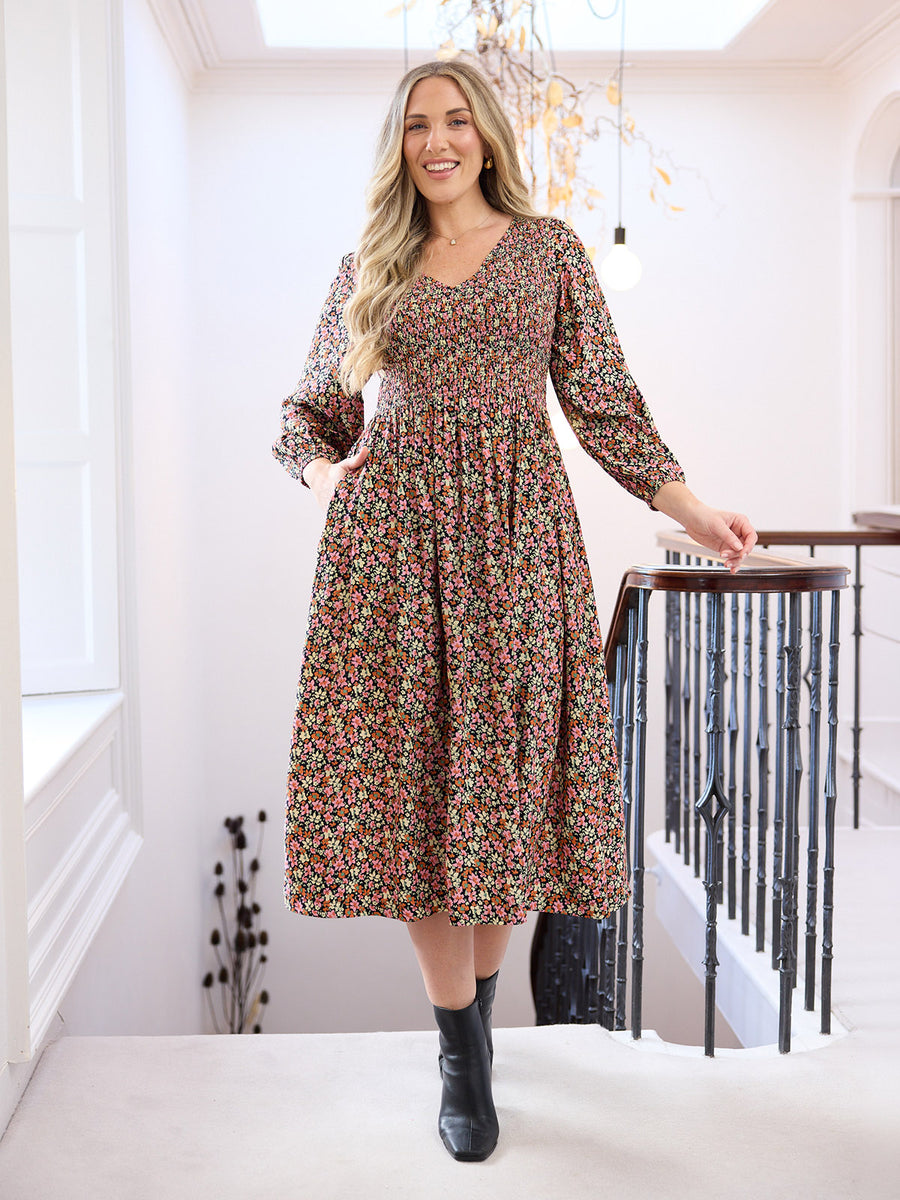 Gillian Shirred Bodice Dress - Multi-Coloured Floral Print